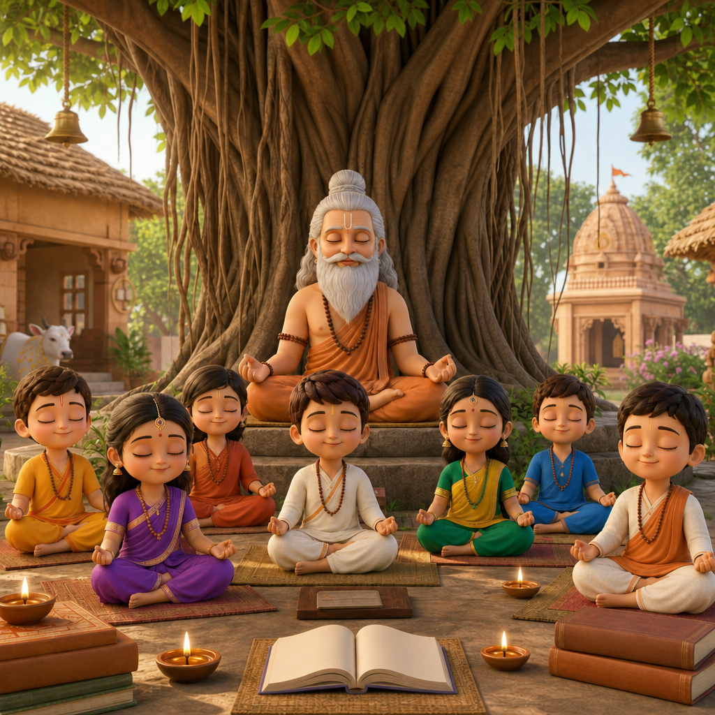 Kids learning shloks with a guru under a banyan tree